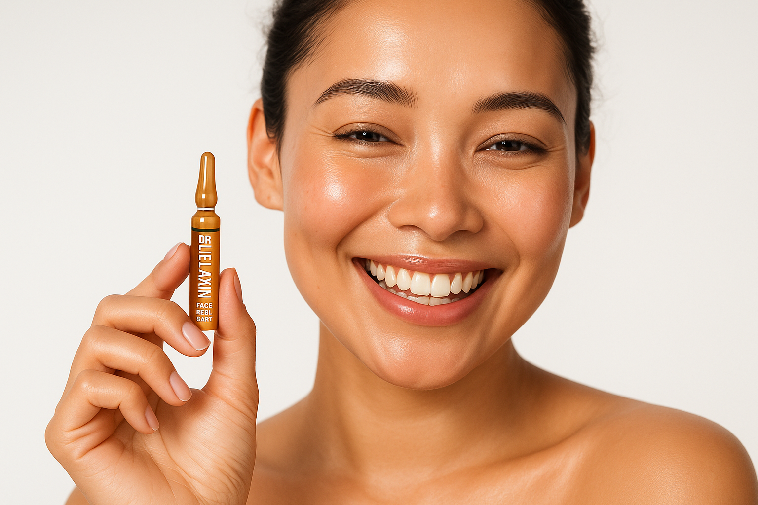 happy women with a clear skin holding dr. melaxin rece peel shot ampuole 